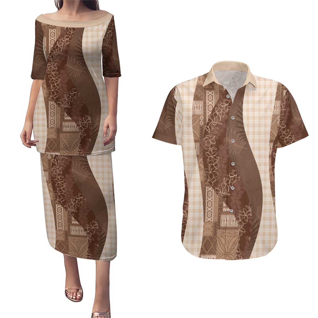 Polynesian Tribal Pattern Patchwork Picturesque Couples Matching Puletasi and Hawaiian Shirt Mocha LT7 Mocha - Polynesian Pride