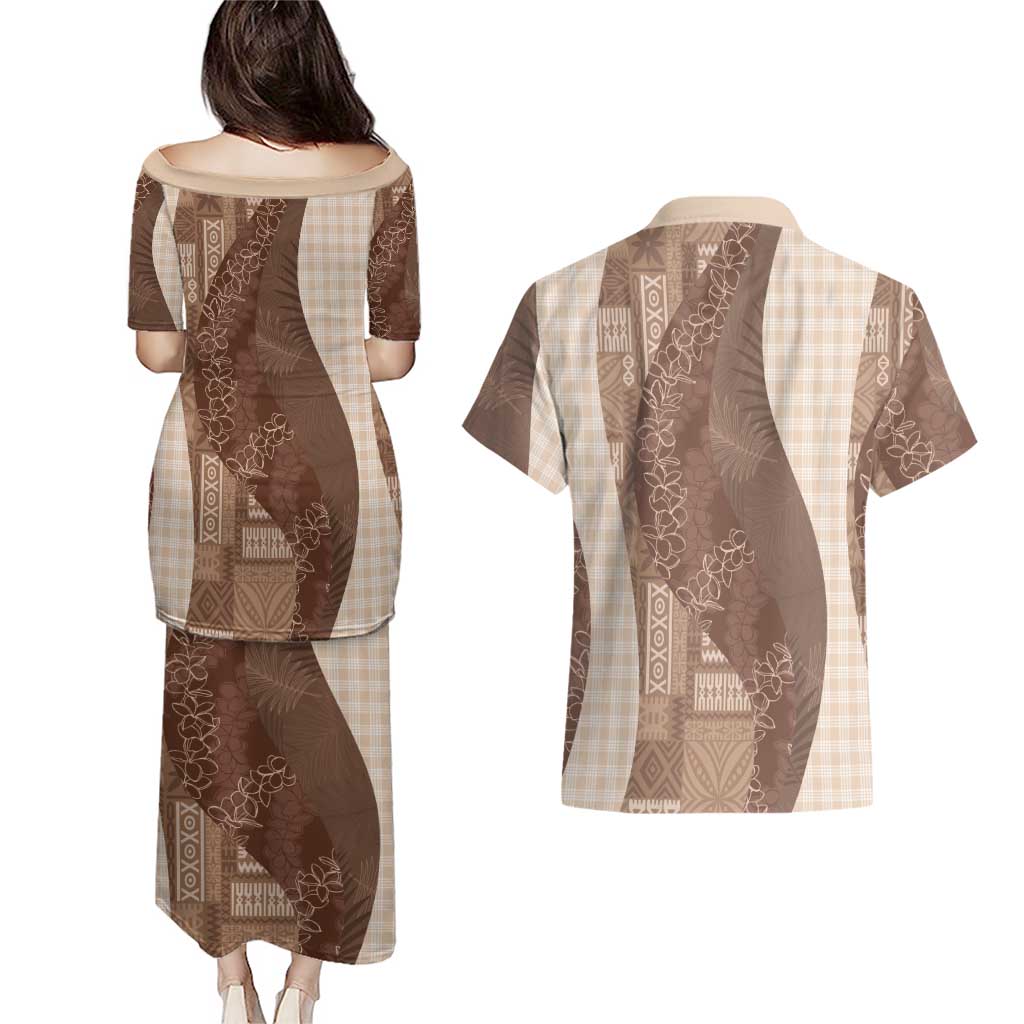 Polynesian Tribal Pattern Patchwork Picturesque Couples Matching Puletasi and Hawaiian Shirt Mocha LT7 - Polynesian Pride