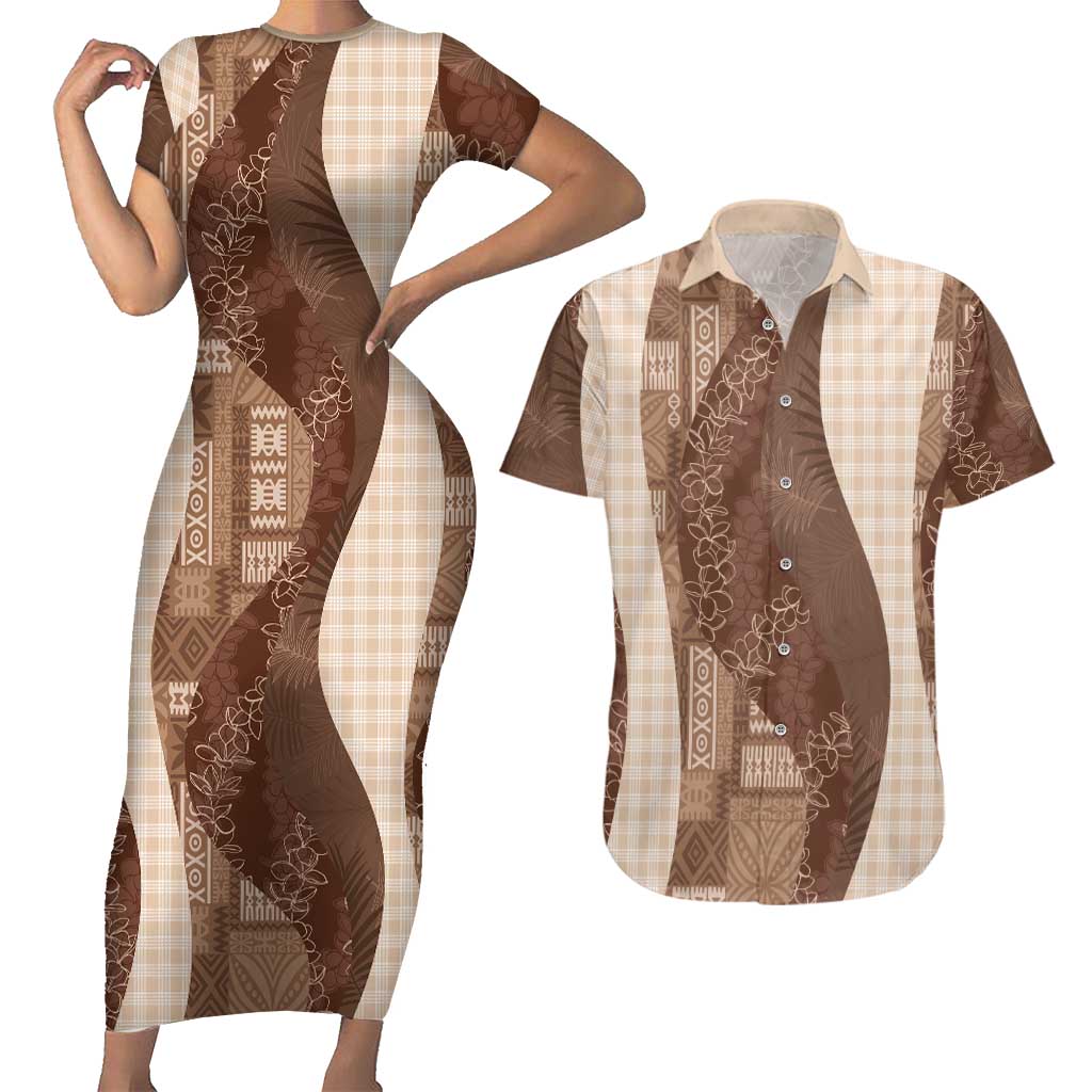 Polynesian Tribal Pattern Patchwork Picturesque Couples Matching Short Sleeve Bodycon Dress and Hawaiian Shirt Mocha