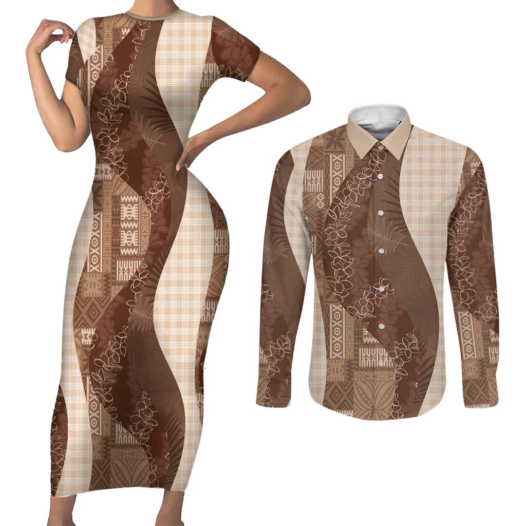 Polynesian Tribal Pattern Patchwork Picturesque Couples Matching Short Sleeve Bodycon Dress and Long Sleeve Button Shirt Mocha LT7 Mocha - Polynesian Pride