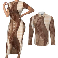 Polynesian Tribal Pattern Patchwork Picturesque Couples Matching Short Sleeve Bodycon Dress and Long Sleeve Button Shirt Mocha LT7 Mocha - Polynesian Pride
