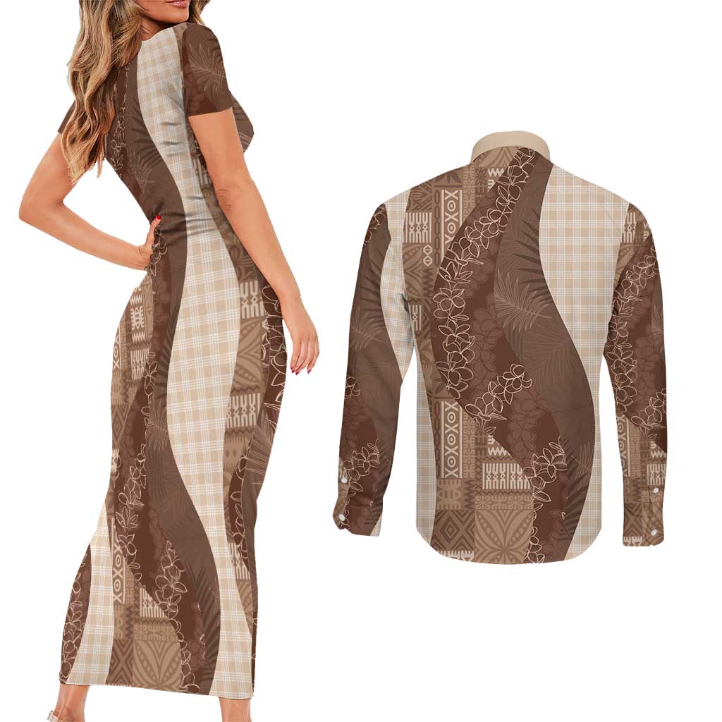 Polynesian Tribal Pattern Patchwork Picturesque Couples Matching Short Sleeve Bodycon Dress and Long Sleeve Button Shirt Mocha LT7 - Polynesian Pride