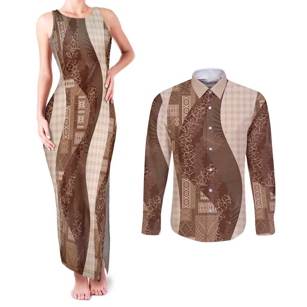 Polynesian Tribal Pattern Patchwork Picturesque Couples Matching Tank Maxi Dress and Long Sleeve Button Shirt Mocha