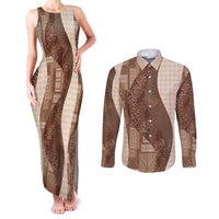 Polynesian Tribal Pattern Patchwork Picturesque Couples Matching Tank Maxi Dress and Long Sleeve Button Shirt Mocha