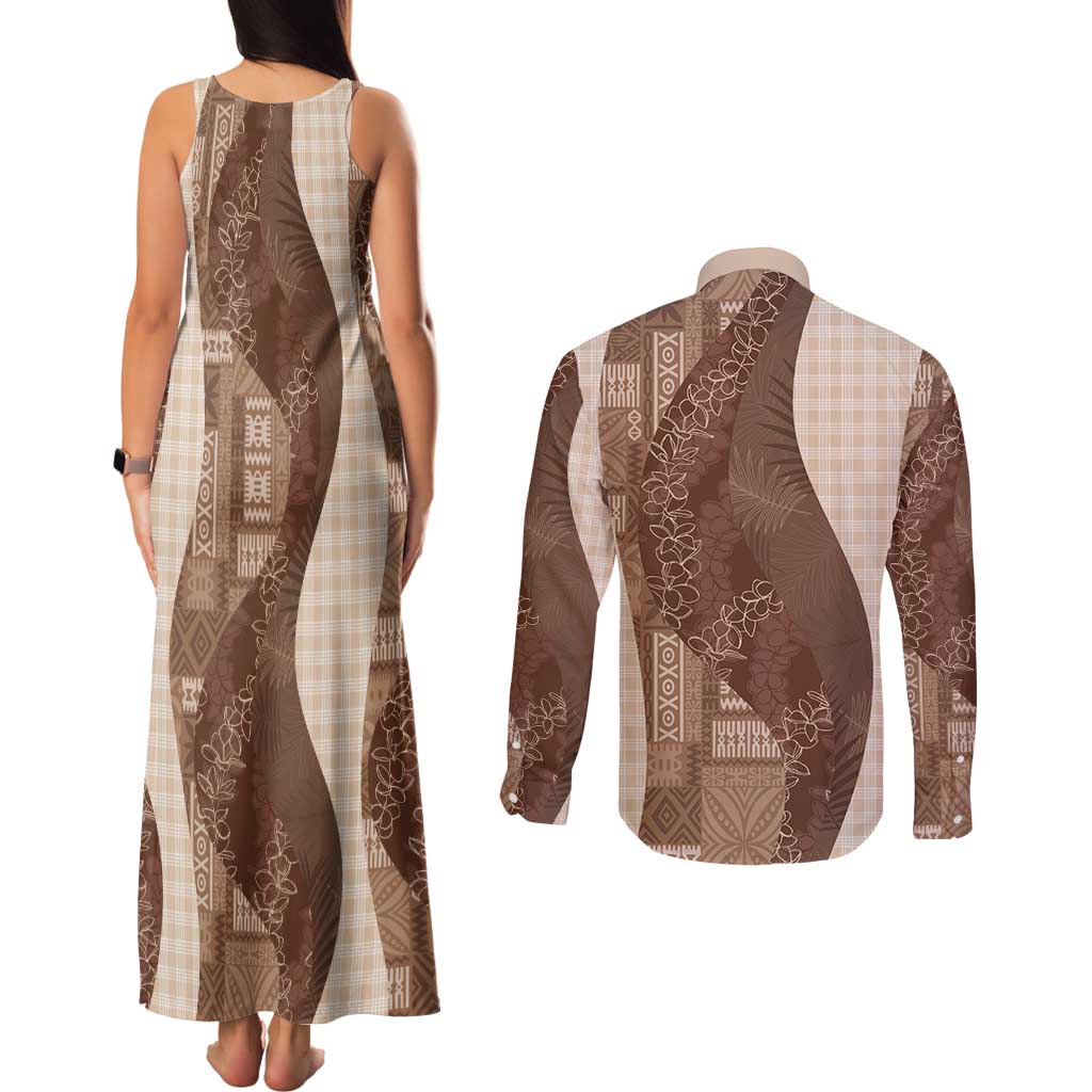 Polynesian Tribal Pattern Patchwork Picturesque Couples Matching Tank Maxi Dress and Long Sleeve Button Shirt Mocha