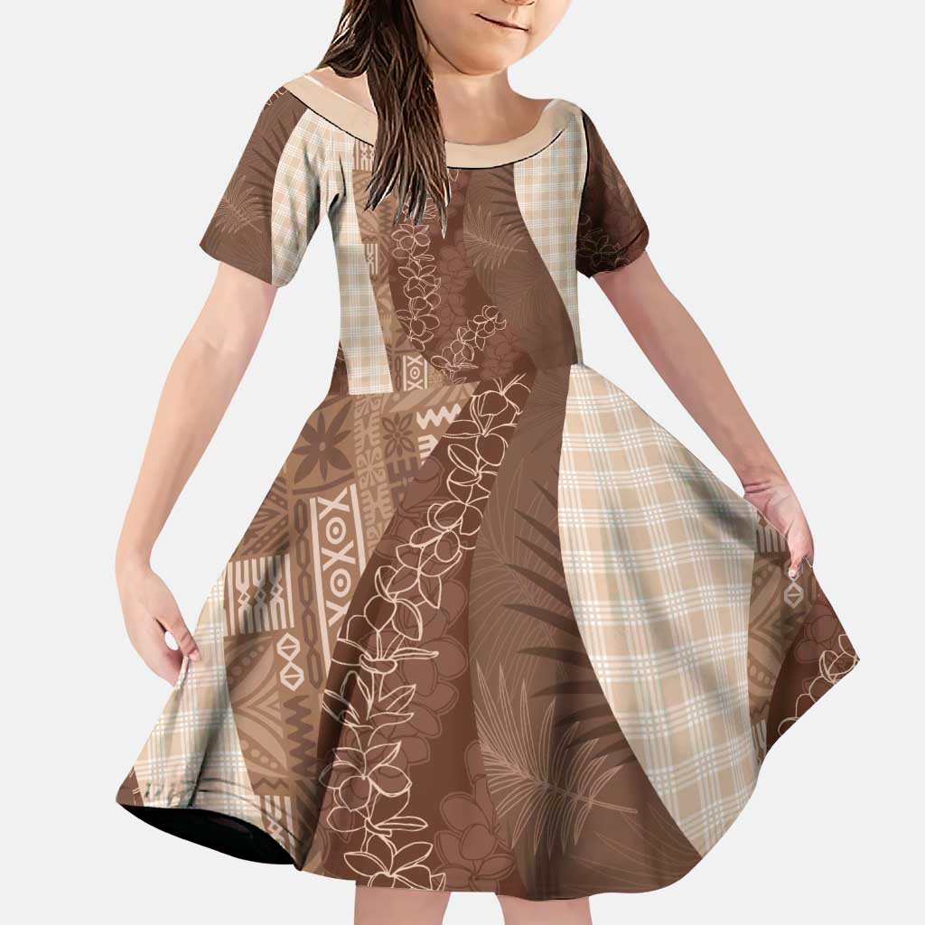 Polynesian Tribal Pattern Patchwork Picturesque Family Matching Off Shoulder Maxi Dress and Hawaiian Shirt Mocha LT7 Daughter's Dress Mocha - Polynesian Pride