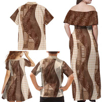 Polynesian Tribal Pattern Patchwork Picturesque Family Matching Off Shoulder Maxi Dress and Hawaiian Shirt Mocha LT7 - Polynesian Pride