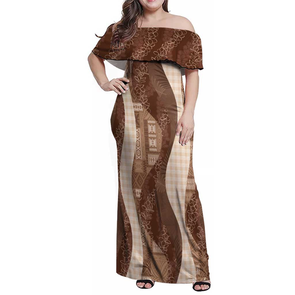 Polynesian Tribal Pattern Patchwork Picturesque Family Matching Off Shoulder Maxi Dress and Hawaiian Shirt Mocha LT7 Mom's Dress Mocha - Polynesian Pride