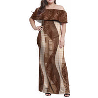 Polynesian Tribal Pattern Patchwork Picturesque Family Matching Off Shoulder Maxi Dress and Hawaiian Shirt Mocha LT7 Mom's Dress Mocha - Polynesian Pride