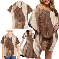 Polynesian Tribal Pattern Patchwork Picturesque Family Matching Off Shoulder Short Dress and Hawaiian Shirt Mocha LT7 - Polynesian Pride