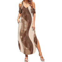 Polynesian Tribal Pattern Patchwork Picturesque Family Matching Summer Maxi Dress and Hawaiian Shirt Mocha LT7 Mom's Dress Mocha - Polynesian Pride