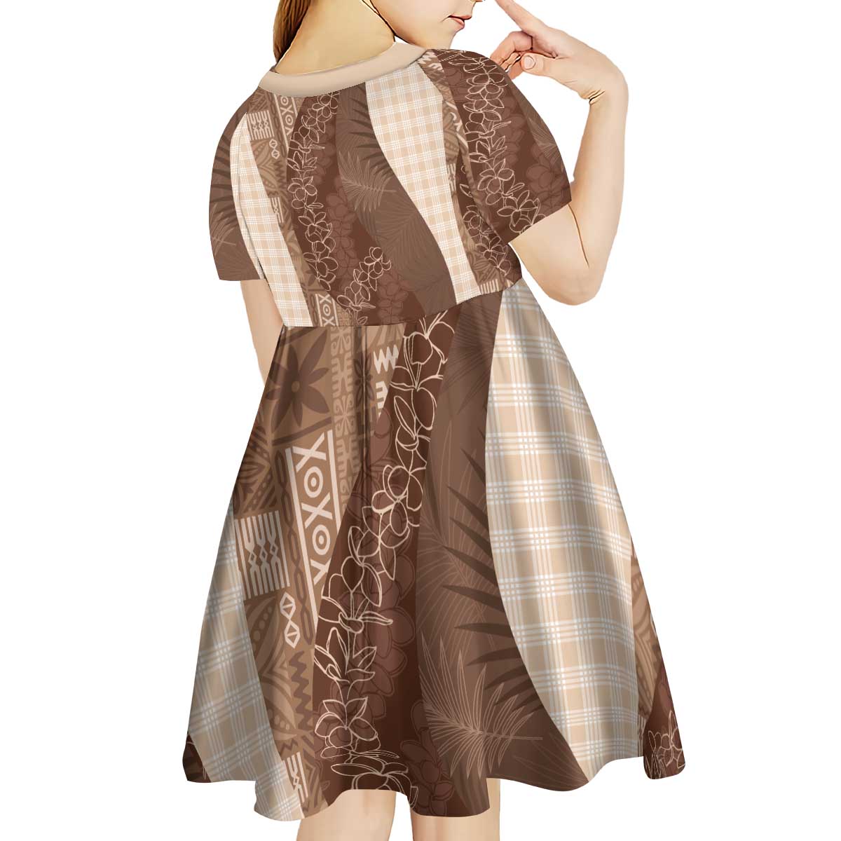 Polynesian Tribal Pattern Patchwork Picturesque Kid Short Sleeve Dress Mocha LT7 - Polynesian Pride