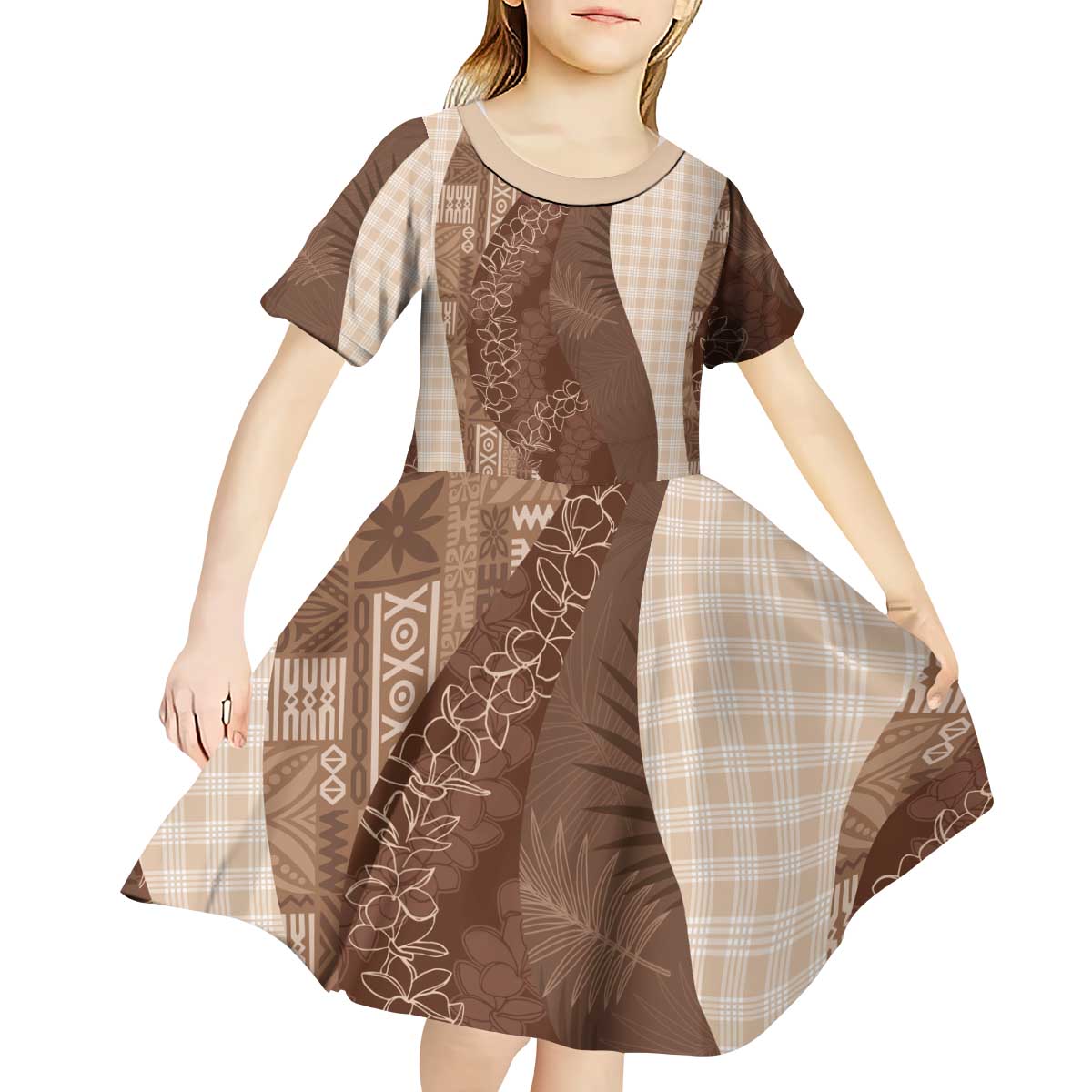 Polynesian Tribal Pattern Patchwork Picturesque Kid Short Sleeve Dress Mocha LT7 - Polynesian Pride