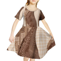 Polynesian Tribal Pattern Patchwork Picturesque Kid Short Sleeve Dress Mocha LT7 - Polynesian Pride