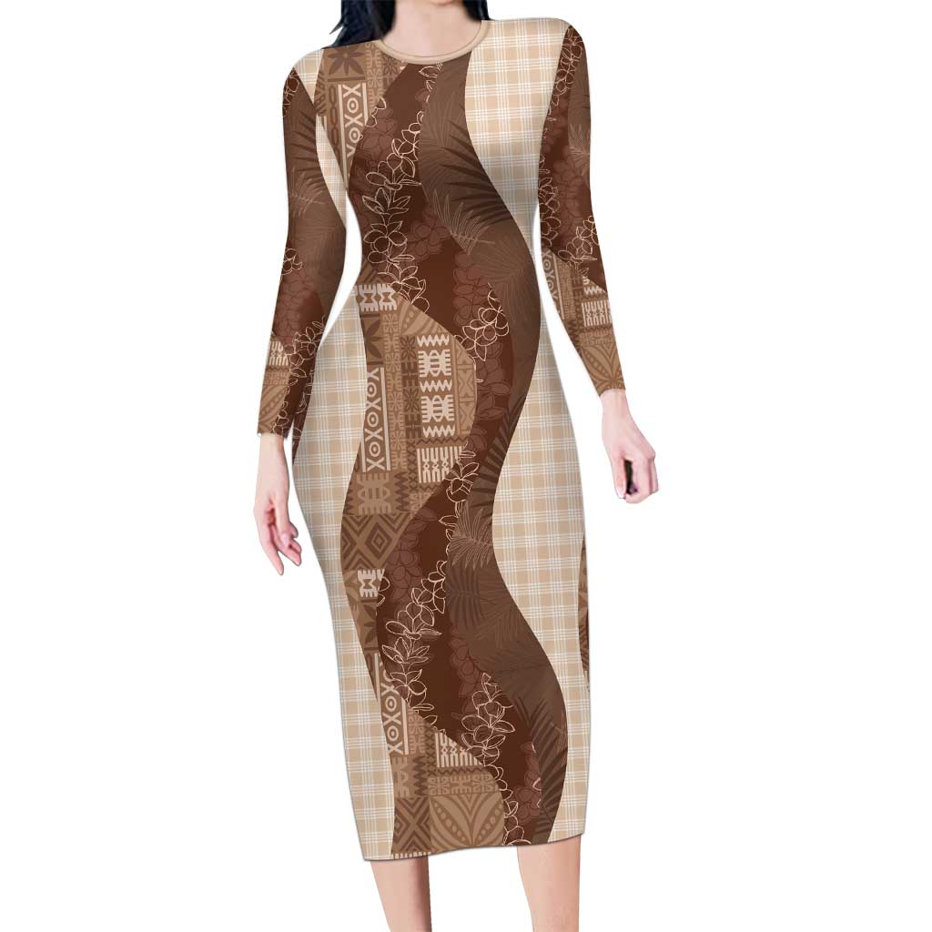 Polynesian Tribal Pattern Patchwork Picturesque Long Sleeve Bodycon Dress Mocha LT7 Long Dress Mocha - Polynesian Pride