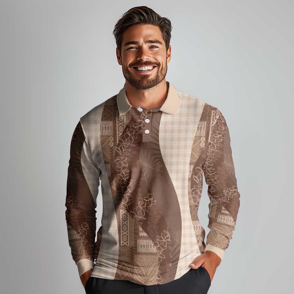Polynesian Tribal Pattern Patchwork Picturesque Long Sleeve Polo Shirt Mocha LT7 - Polynesian Pride