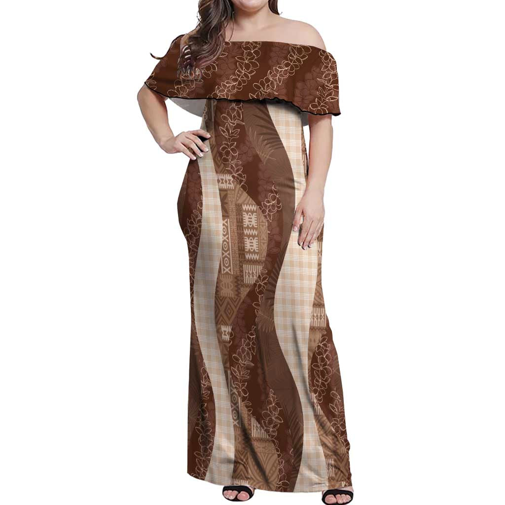 Polynesian Tribal Pattern Patchwork Picturesque Off Shoulder Maxi Dress Mocha LT7 Women Mocha - Polynesian Pride