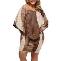 Polynesian Tribal Pattern Patchwork Picturesque Off Shoulder Short Dress Mocha LT7 Women Mocha - Polynesian Pride