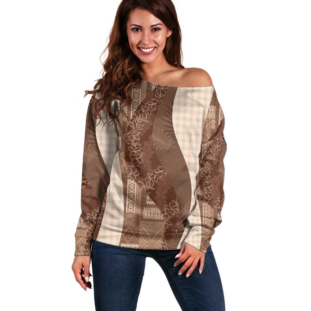 Polynesian Tribal Pattern Patchwork Picturesque Off Shoulder Sweater Mocha LT7 Women Mocha - Polynesian Pride