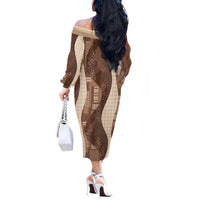 Polynesian Tribal Pattern Patchwork Picturesque Off The Shoulder Long Sleeve Dress Mocha LT7 - Polynesian Pride