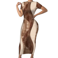 Polynesian Tribal Pattern Patchwork Picturesque Short Sleeve Bodycon Dress Mocha