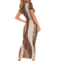 Polynesian Tribal Pattern Patchwork Picturesque Short Sleeve Bodycon Dress Mocha
