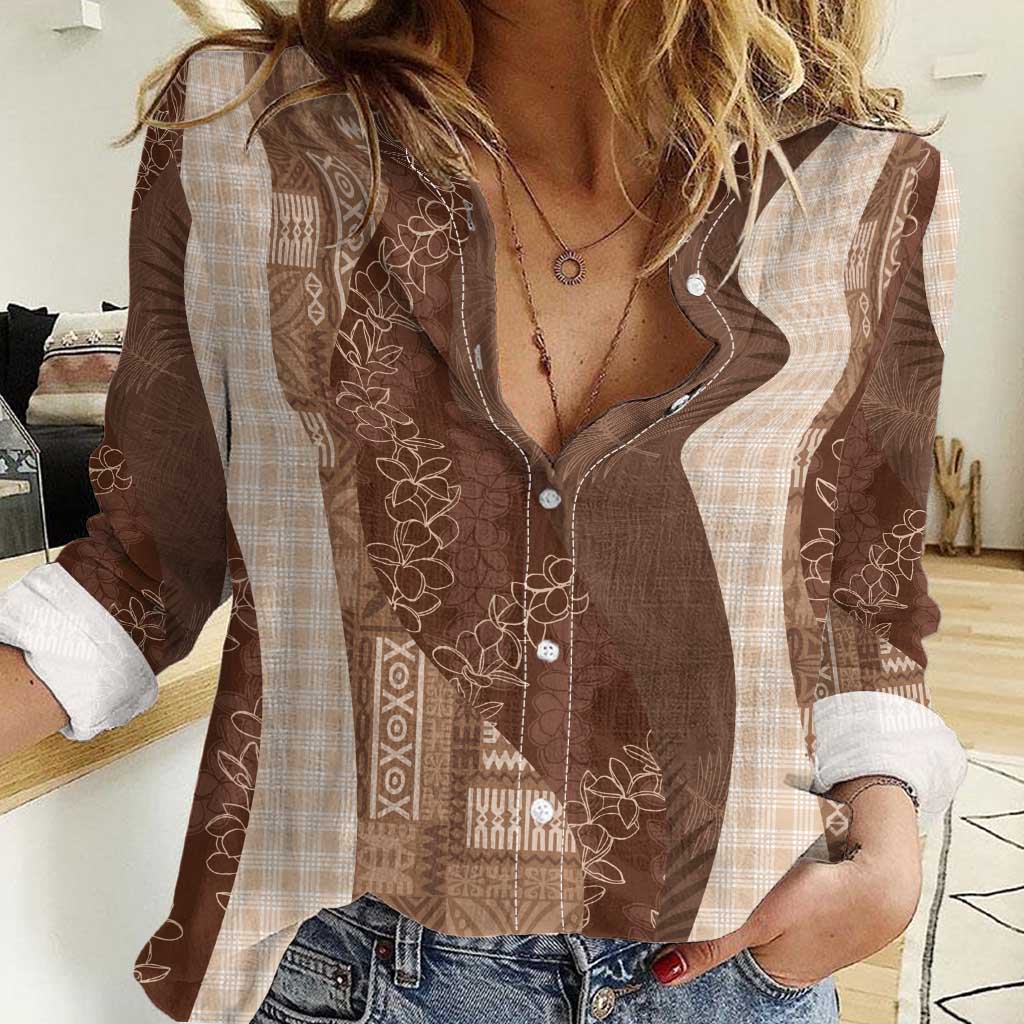 Polynesian Tribal Pattern Patchwork Picturesque Women Casual Shirt Mocha LT7 Female Mocha - Polynesian Pride