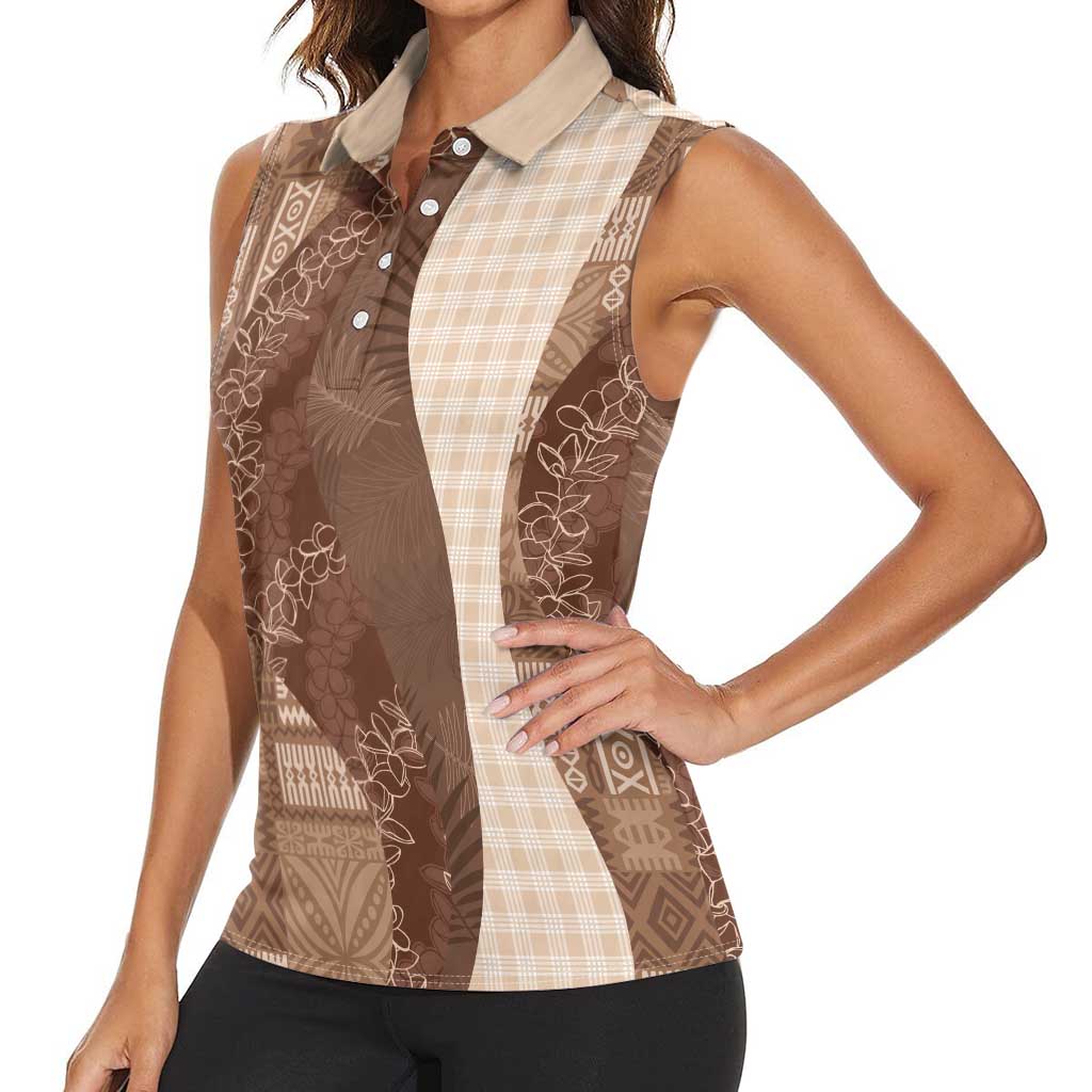 Polynesian Tribal Pattern Patchwork Picturesque Women Sleeveless Polo Shirt Mocha LT7 - Polynesian Pride