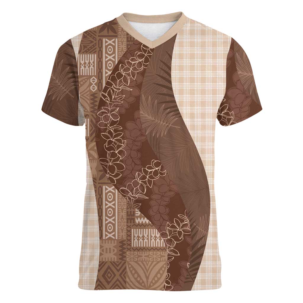 Polynesian Tribal Pattern Patchwork Picturesque Women V-Neck T-Shirt Mocha LT7 Female Mocha - Polynesian Pride