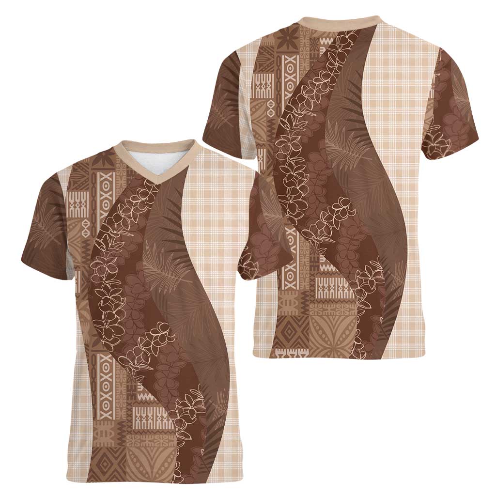 Polynesian Tribal Pattern Patchwork Picturesque Women V-Neck T-Shirt Mocha LT7 - Polynesian Pride
