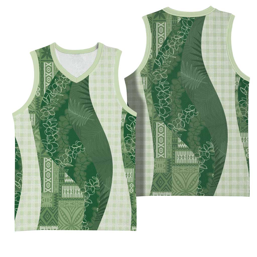 Polynesian Tribal Pattern Patchwork Picturesque Basketball Jersey Sage Green LT7 - Polynesian Pride