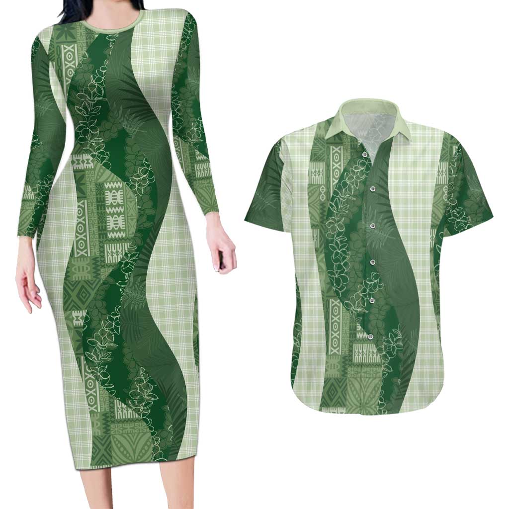 Polynesian Tribal Pattern Patchwork Picturesque Couples Matching Long Sleeve Bodycon Dress and Hawaiian Shirt Sage Green LT7 Sage Green - Polynesian Pride