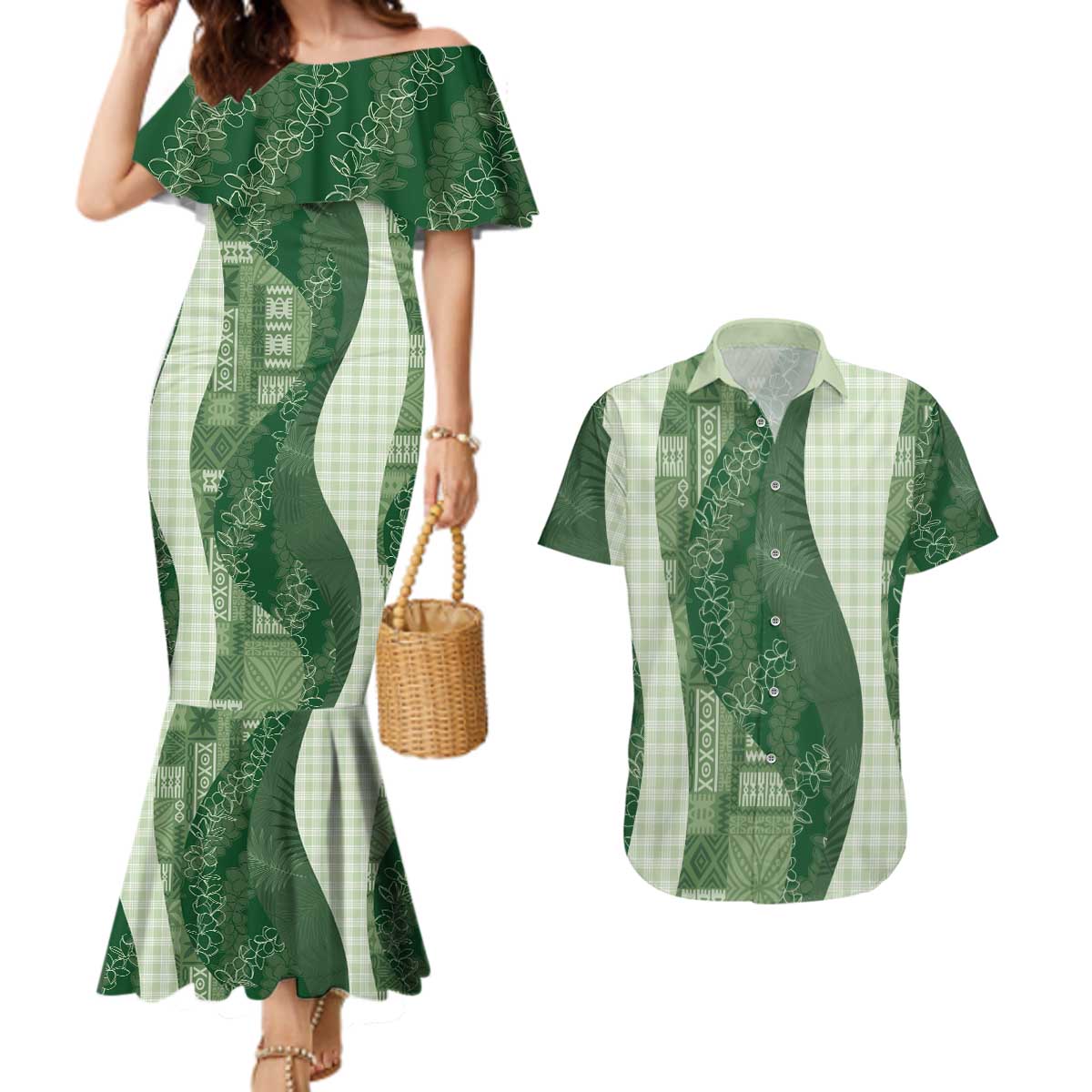 Polynesian Tribal Pattern Patchwork Picturesque Couples Matching Mermaid Dress and Hawaiian Shirt Sage Green LT7 Sage Green - Polynesian Pride