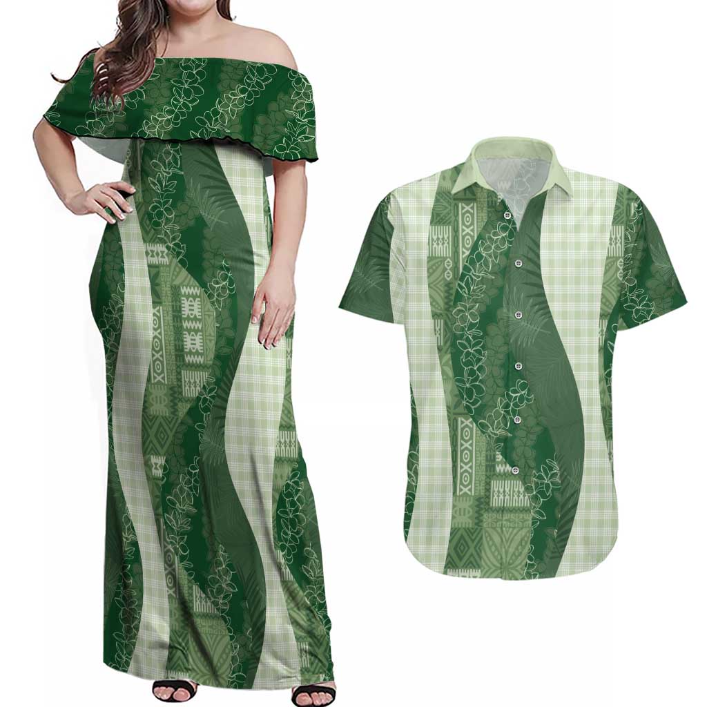 Polynesian Tribal Pattern Patchwork Picturesque Couples Matching Off Shoulder Maxi Dress and Hawaiian Shirt Sage Green LT7 Sage Green - Polynesian Pride