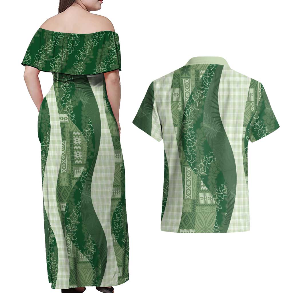 Polynesian Tribal Pattern Patchwork Picturesque Couples Matching Off Shoulder Maxi Dress and Hawaiian Shirt Sage Green LT7 - Polynesian Pride