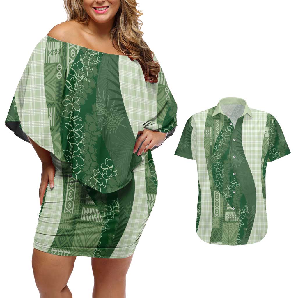 Polynesian Tribal Pattern Patchwork Picturesque Couples Matching Off Shoulder Short Dress and Hawaiian Shirt Sage Green LT7 Sage Green - Polynesian Pride