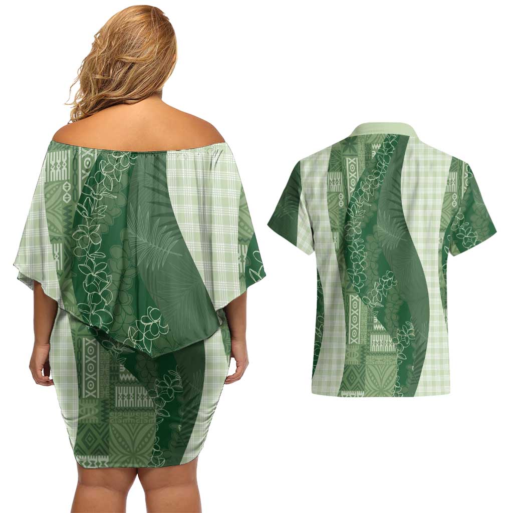 Polynesian Tribal Pattern Patchwork Picturesque Couples Matching Off Shoulder Short Dress and Hawaiian Shirt Sage Green LT7 - Polynesian Pride