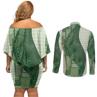 Polynesian Tribal Pattern Patchwork Picturesque Couples Matching Off Shoulder Short Dress and Long Sleeve Button Shirt Sage Green LT7 - Polynesian Pride