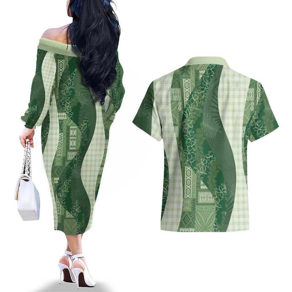 Polynesian Tribal Pattern Patchwork Picturesque Couples Matching Off The Shoulder Long Sleeve Dress and Hawaiian Shirt Sage Green