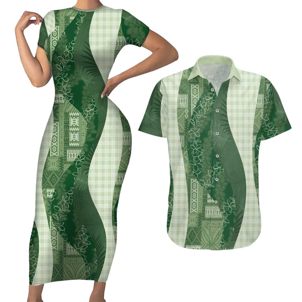 Polynesian Tribal Pattern Patchwork Picturesque Couples Matching Short Sleeve Bodycon Dress and Hawaiian Shirt Sage Green LT7 Sage Green - Polynesian Pride