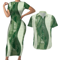 Polynesian Tribal Pattern Patchwork Picturesque Couples Matching Short Sleeve Bodycon Dress and Hawaiian Shirt Sage Green LT7 Sage Green - Polynesian Pride