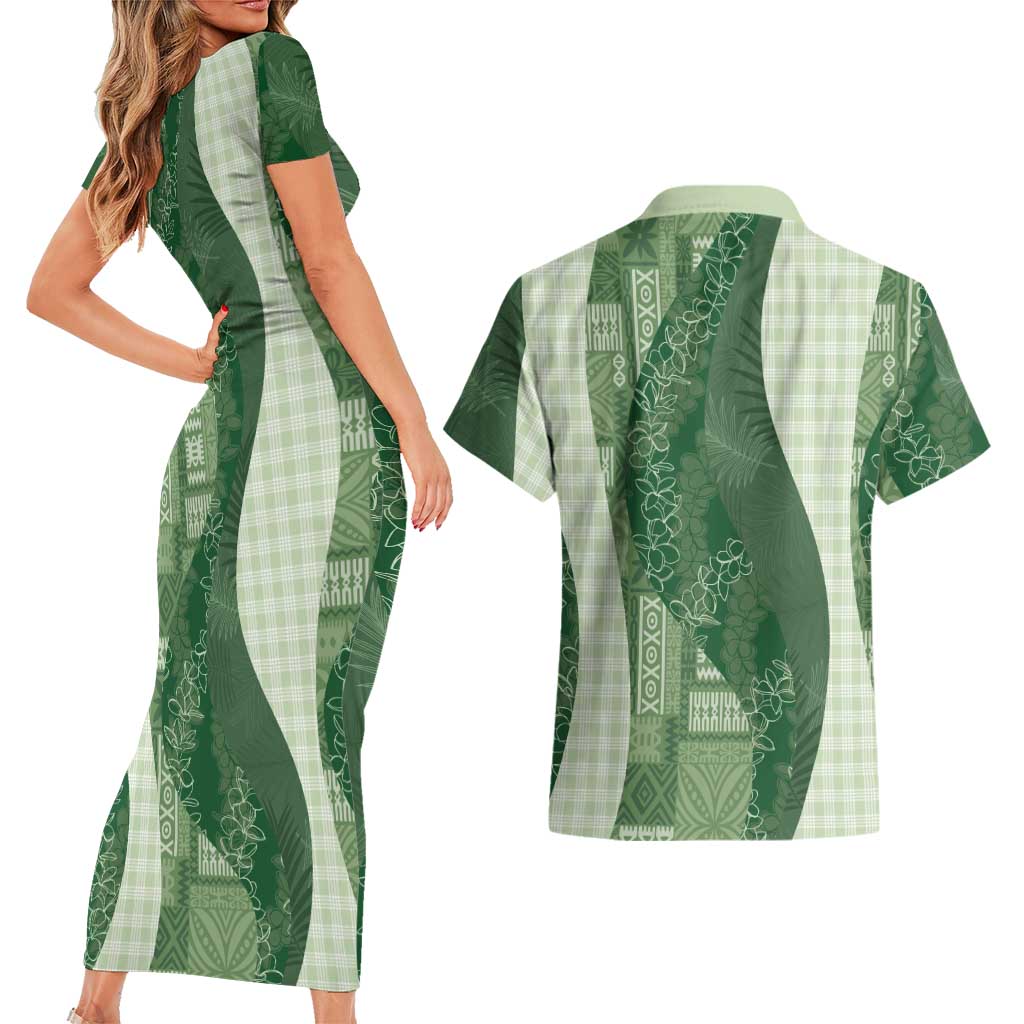 Polynesian Tribal Pattern Patchwork Picturesque Couples Matching Short Sleeve Bodycon Dress and Hawaiian Shirt Sage Green LT7 - Polynesian Pride