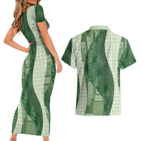 Polynesian Tribal Pattern Patchwork Picturesque Couples Matching Short Sleeve Bodycon Dress and Hawaiian Shirt Sage Green LT7 - Polynesian Pride