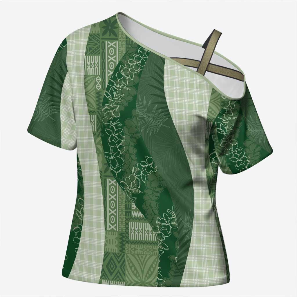 Polynesian Tribal Pattern Patchwork Picturesque Cross Shoulder Shirt Sage Green