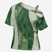 Polynesian Tribal Pattern Patchwork Picturesque Cross Shoulder Shirt Sage Green