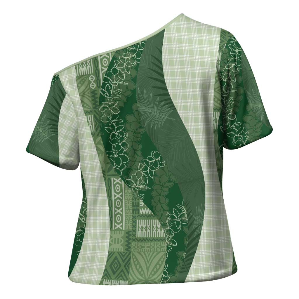 Polynesian Tribal Pattern Patchwork Picturesque Cross Shoulder Shirt Sage Green