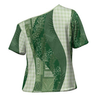 Polynesian Tribal Pattern Patchwork Picturesque Cross Shoulder Shirt Sage Green