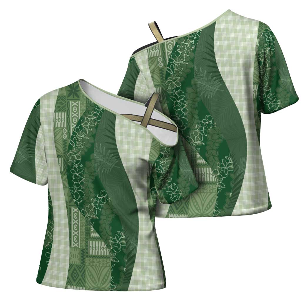 Polynesian Tribal Pattern Patchwork Picturesque Cross Shoulder Shirt Sage Green