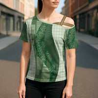 Polynesian Tribal Pattern Patchwork Picturesque Cross Shoulder Shirt Sage Green