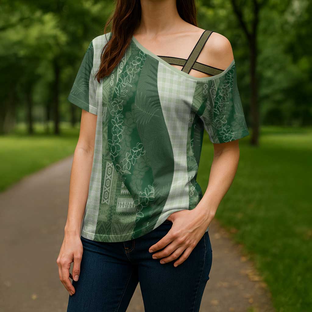 Polynesian Tribal Pattern Patchwork Picturesque Cross Shoulder Shirt Sage Green